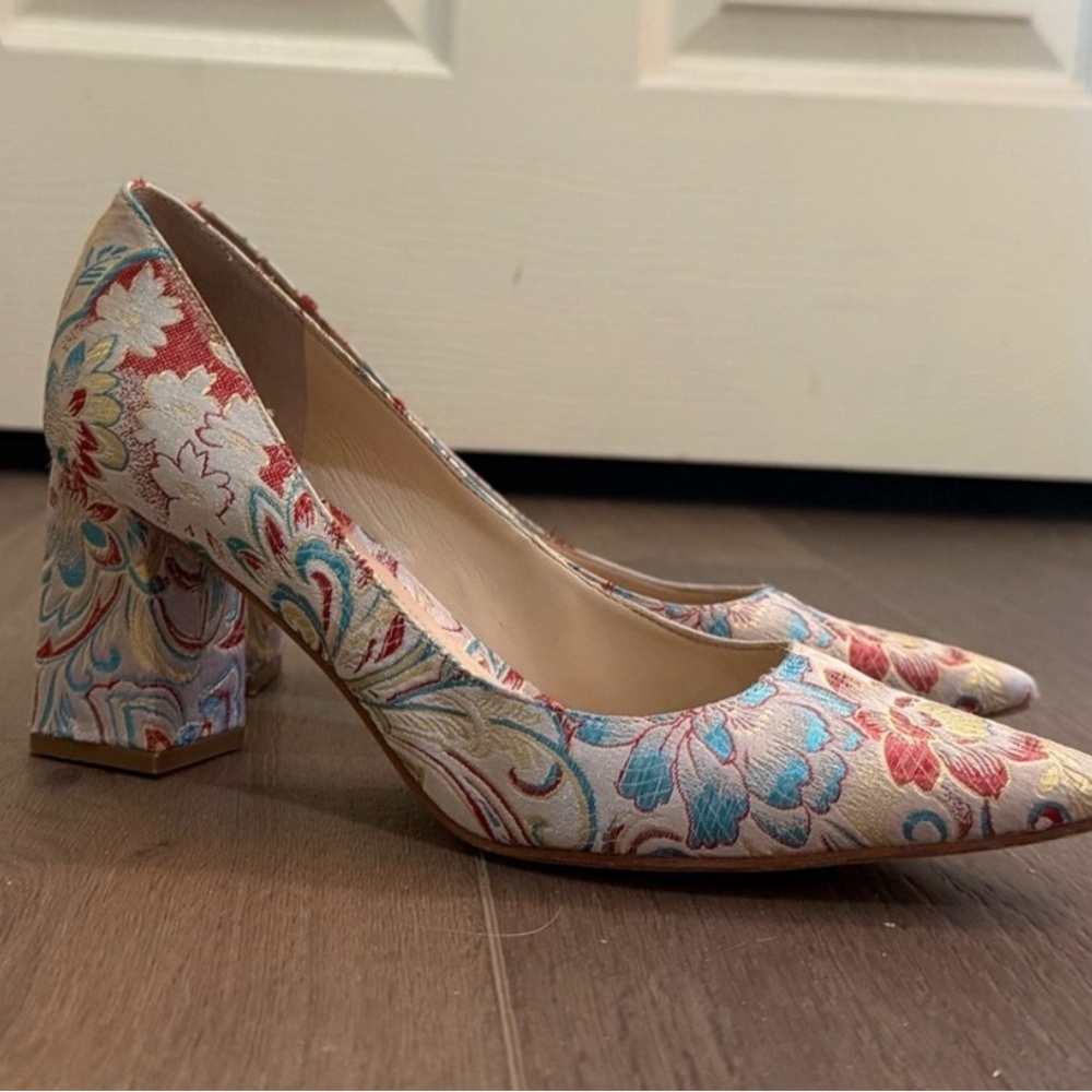 Marc Fisher Floral Jacquard Block Heel Pumps - Pink & Blue multi